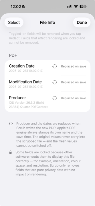 Scrub's File Info screen on the scrubbed file. Only Creation Date, Modification Date and Producer remain, each marked 'Replaced on save'. Author, Creator and Title are gone entirely.