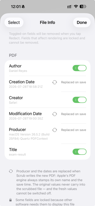 Scrub's File Info screen listing a PDF's hidden fields: Author, Creation Date, Creator, Modification Date, Producer and Title. Creator reads Safari and Producer reads macOS Version 26.5.2 Quartz PDFContext. Author, Creator and Title each have a switch turned on, meaning they will be removed.
