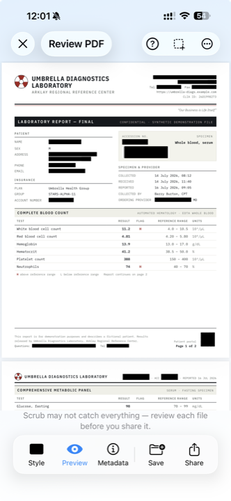 Scrub's review screen showing a two-page lab report with black bars burned over the patient's name, address, phone number, email and account number.