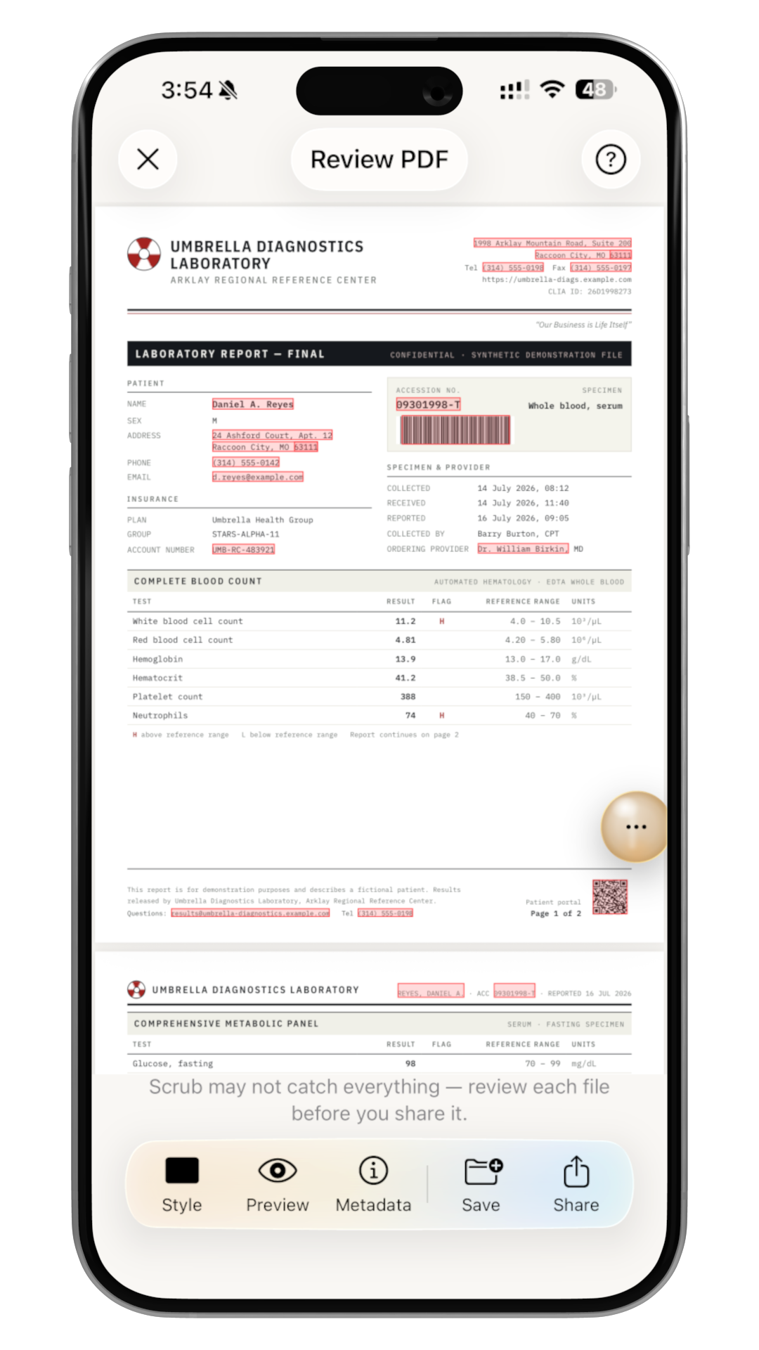 A lab report open in Scrub, with the patient's name, address, phone number, email and account number all visible