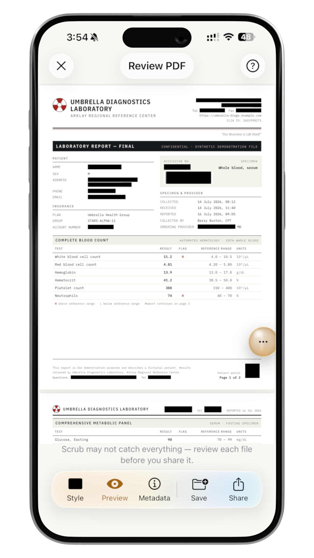 The same lab report after Scrub redacts it, with black bars burned over every piece of personal information