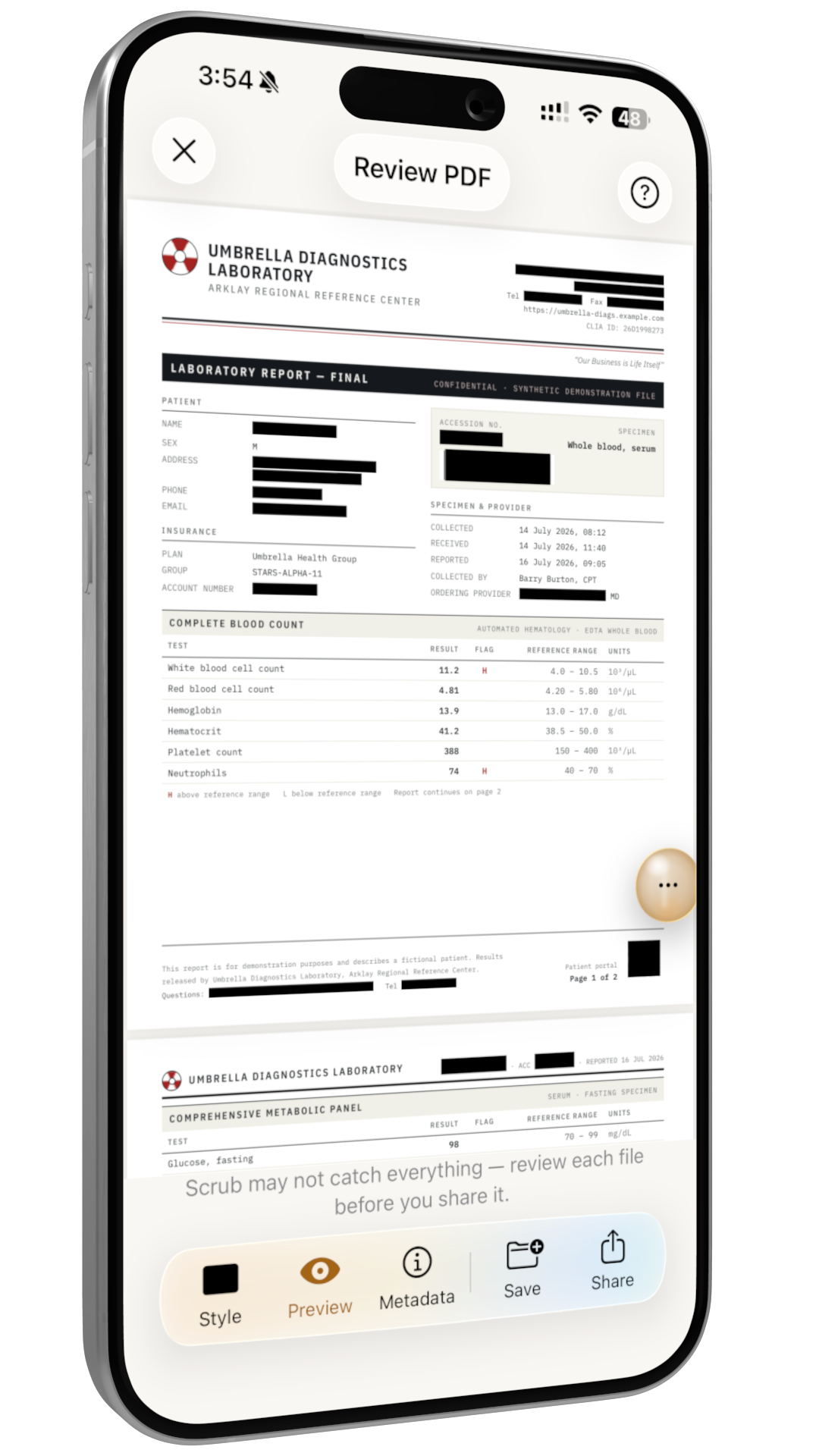 Scrub reviewing a lab-report PDF with personal information redacted