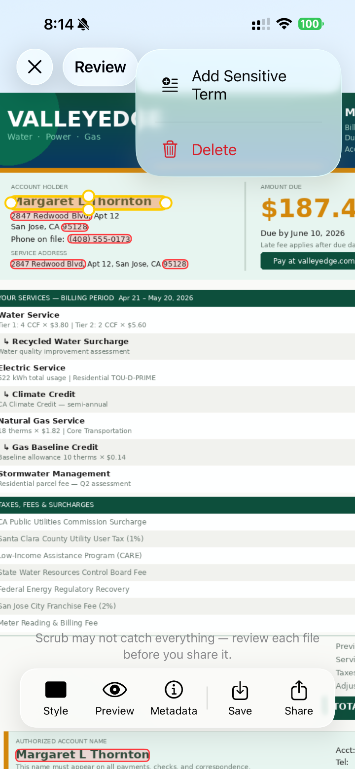 Scrub review screen: detected personal info highlighted on a utility bill, with an option to add a sensitive term.